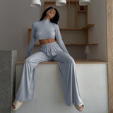 Autumn/ Winter Women Casual Crop Tops & Flare Pants 2 Two Piece Set