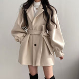 Women Solid Wool Blend Belted Coats